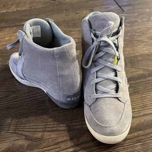 Sorel Light Gray Out and About Suede Wedge Sneakers